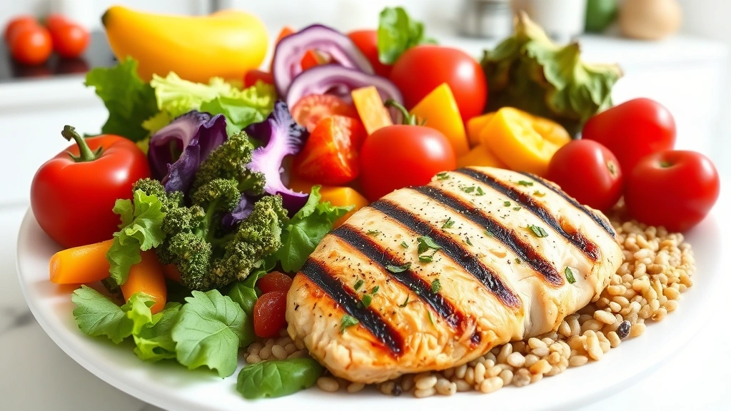 A colorful array of fresh vegetables, fruits, grilled chicken breast, and whole grains arranged on a white plate, clean kitchen background, natural daylight