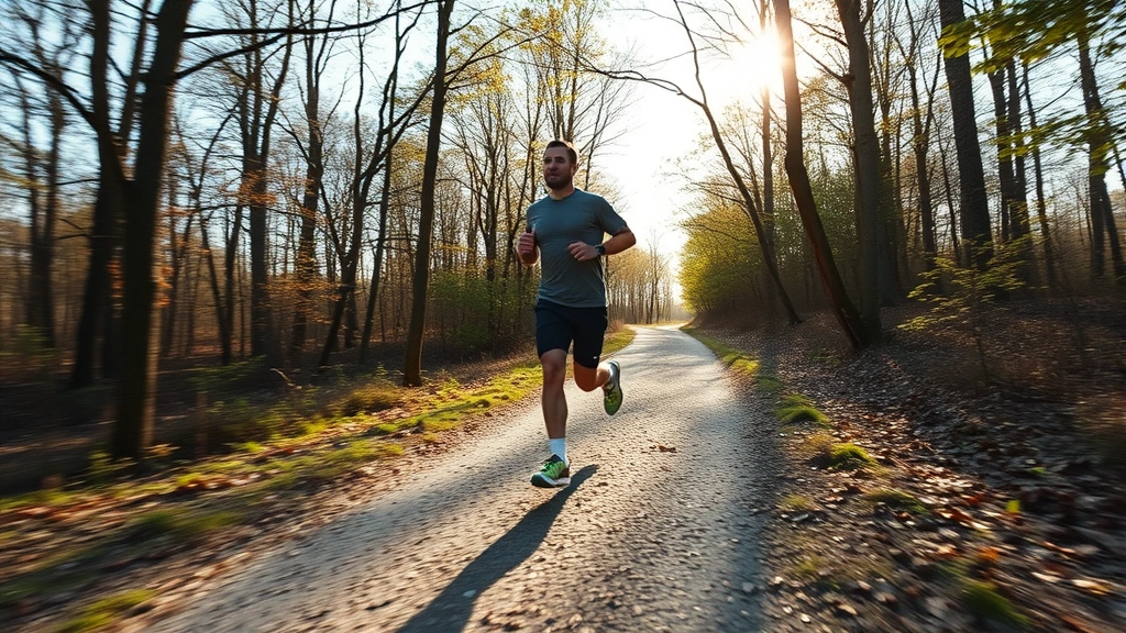 A person jogging outdoors on a sunny morning trail surrounded by trees, wearing comfortable athletic clothes, showing energy and determination, motion captured naturally