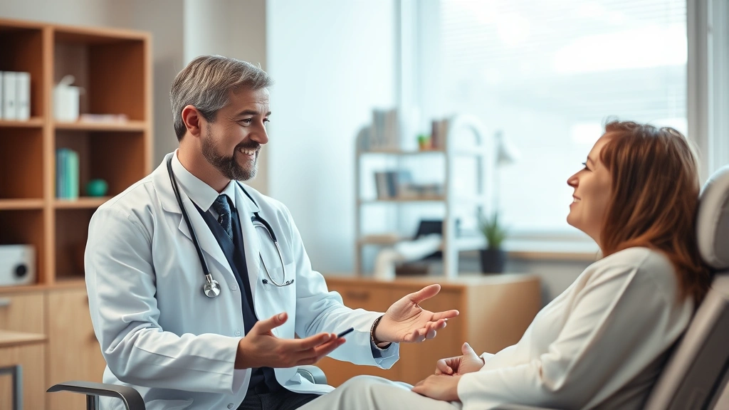 Professional healthcare provider in white coat consulting with patient in modern medical office, discussing treatment options, warm lighting, caring expression, realistic medical setting