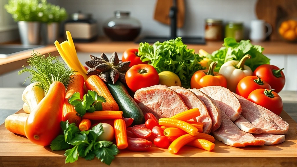 Colorful fresh vegetables and lean proteins arranged on wooden cutting board, bright kitchen background, natural sunlight, whole foods for healthy nutrition