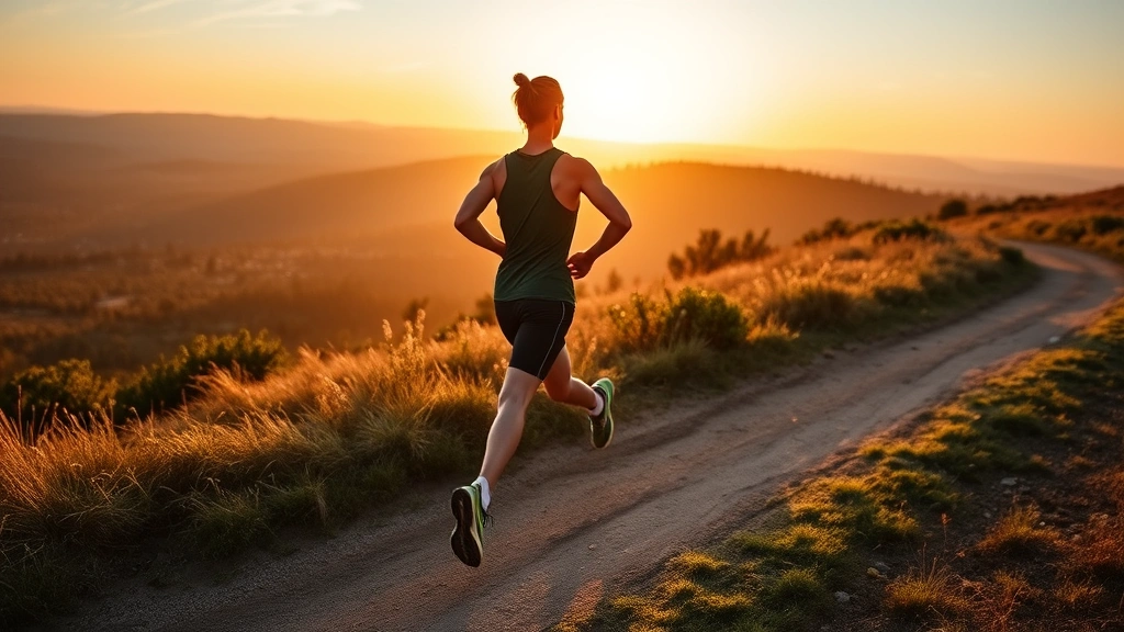 Person jogging outdoors on scenic trail at sunrise, athletic wear, healthy lifestyle, natural environment, morning light, active and energetic movement