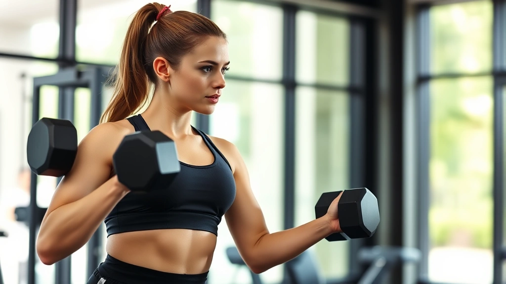 Professional woman in fitness attire performing a strength training exercise with dumbbells in a modern gym setting, looking focused and determined, natural lighting