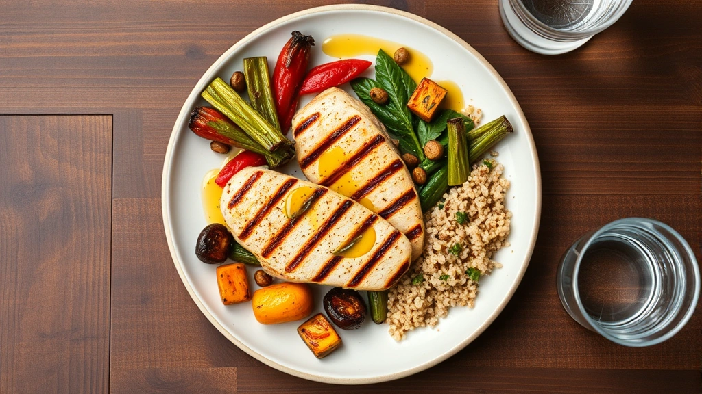 Overhead shot of a colorful, balanced meal plate with grilled chicken breast, quinoa, roasted vegetables, and olive oil drizzle on white ceramic plate with water glass nearby