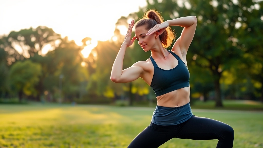 Woman in athletic wear stretching outdoors in a park during golden hour, demonstrating flexibility and recovery work, serene natural background with green trees