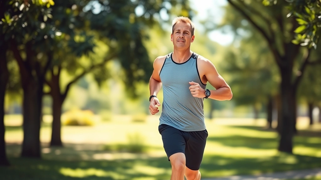 A middle-aged man in fitness attire jogging outdoors on a sunny day in a park, showing confident posture and healthy physique, surrounded by green trees and natural lighting