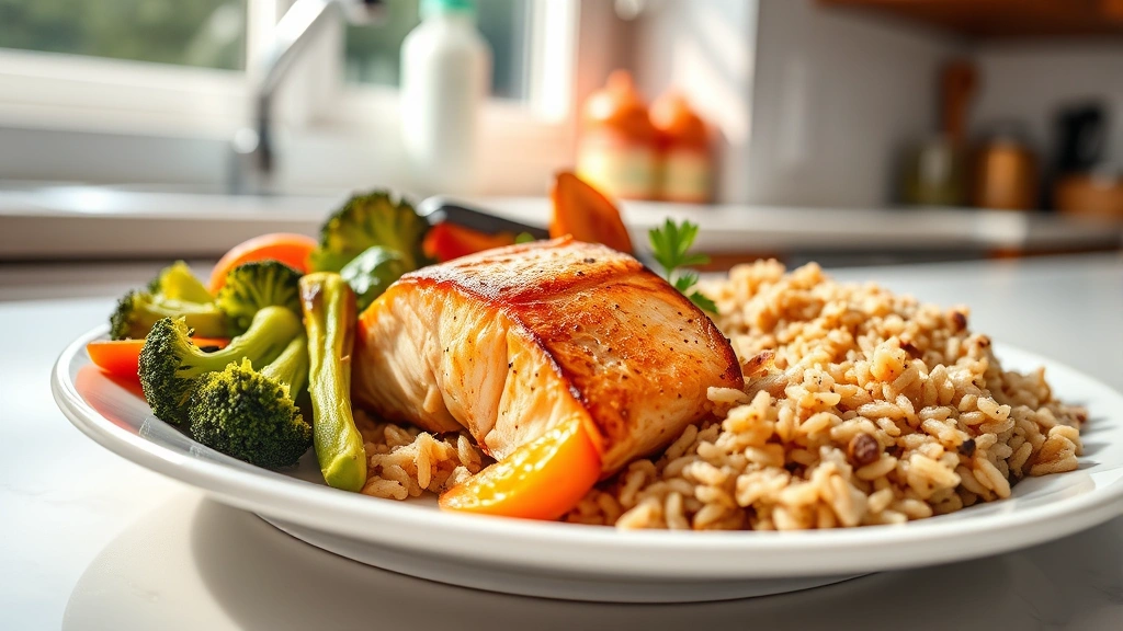 A colorful plate with grilled salmon, roasted vegetables including broccoli and carrots, and brown rice, presented on a bright kitchen counter with natural window light, emphasizing whole foods