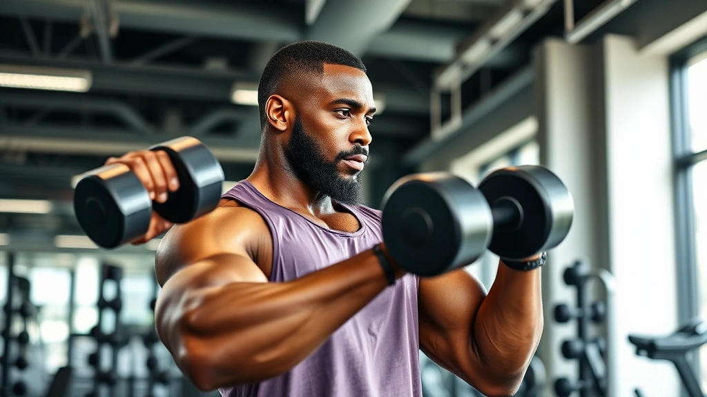 An athletic African American man in gym clothing doing strength training with dumbbells in a modern, well-lit fitness facility, showing proper form and determined expression