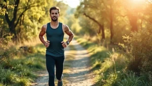 A fit man in athletic wear jogging outdoors on a sunny morning trail, appearing energized and healthy, surrounded by natural greenery and trees