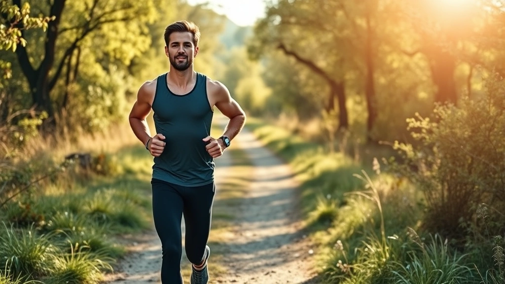 A fit man in athletic wear jogging outdoors on a sunny morning trail, appearing energized and healthy, surrounded by natural greenery and trees