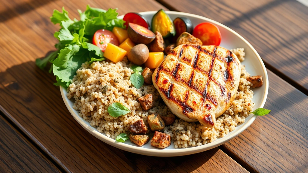 A colorful plate of fresh whole foods including grilled chicken breast, roasted vegetables, quinoa, and leafy greens on a wooden table in natural lighting