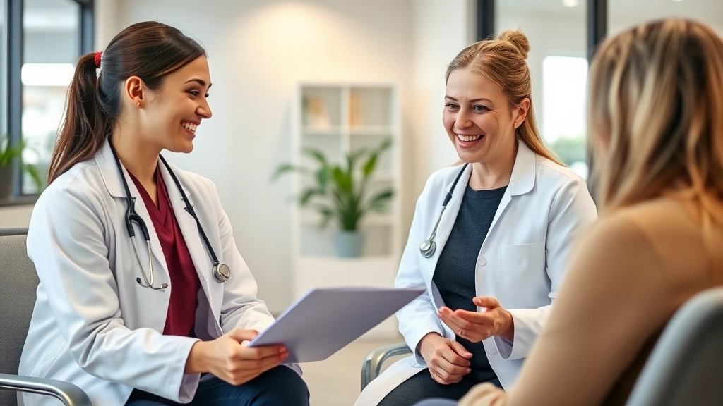 A healthcare professional (female doctor or registered dietitian) in white coat consulting with a patient in a modern medical office, reviewing health documents and smiling supportively