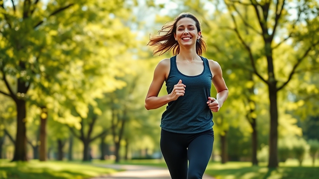 Woman jogging outdoors on a sunny morning through a park with green trees, wearing comfortable athletic clothing, smiling naturally, photorealistic wellness imagery