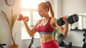 Woman in fitness attire doing strength training with dumbbells in bright, modern home gym with natural light streaming through windows