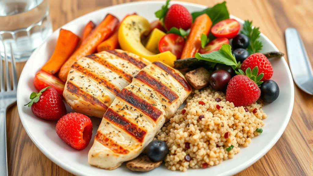 Colorful Mediterranean-style meal spread featuring grilled chicken breast, roasted vegetables, quinoa, and fresh berries on white plate with water glass
