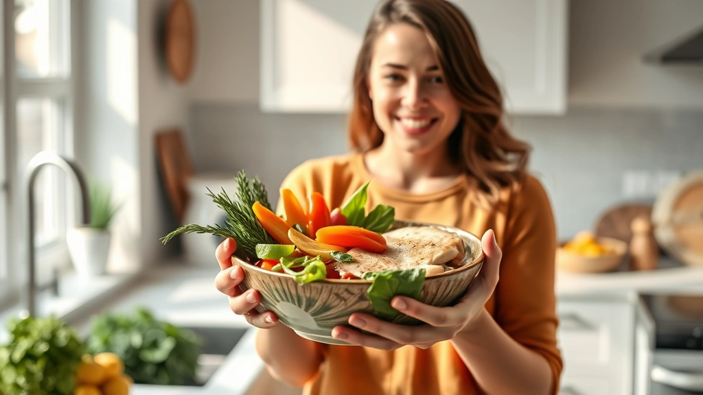 Woman in bright kitchen holding bowl of colorful vegetables and lean protein like chicken breast, natural sunlight, healthy meal preparation, warm welcoming atmosphere, photorealistic