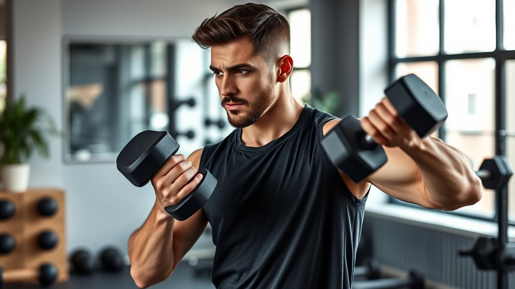 Person performing strength training with dumbbells in modern home gym, focused expression, good form, natural lighting, athletic casual clothing, motivated energy