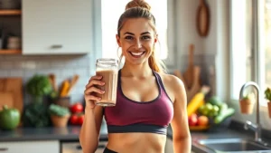 A fit woman in athletic wear confidently holding a glass of protein shake with a bright smile, morning sunlight streaming through a kitchen window, fresh vegetables and fruits visible on the counter behind her