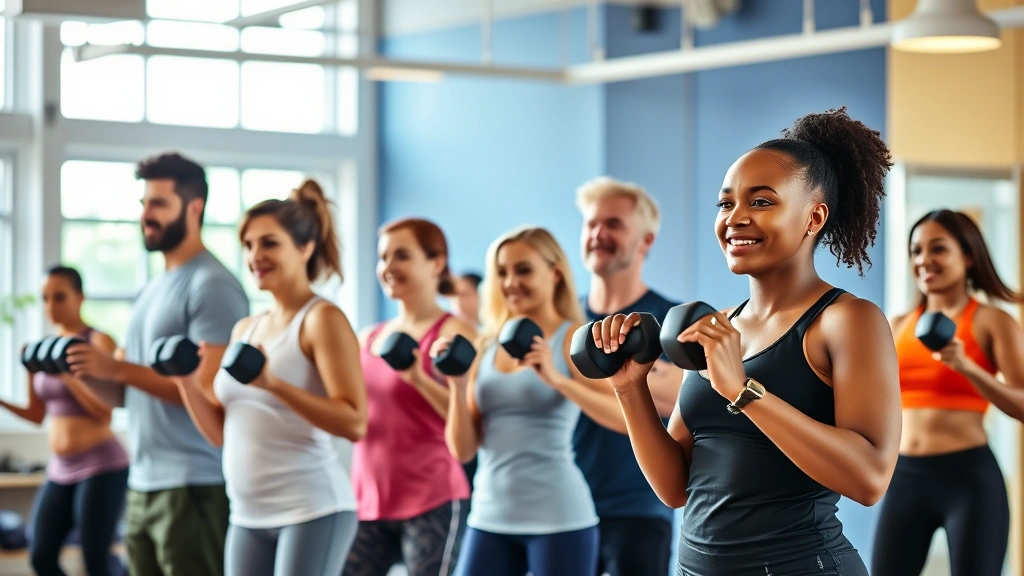 A diverse group of healthy adults of different body types doing resistance training exercises with dumbbells in a bright, welcoming gym setting, showing strength and wellness