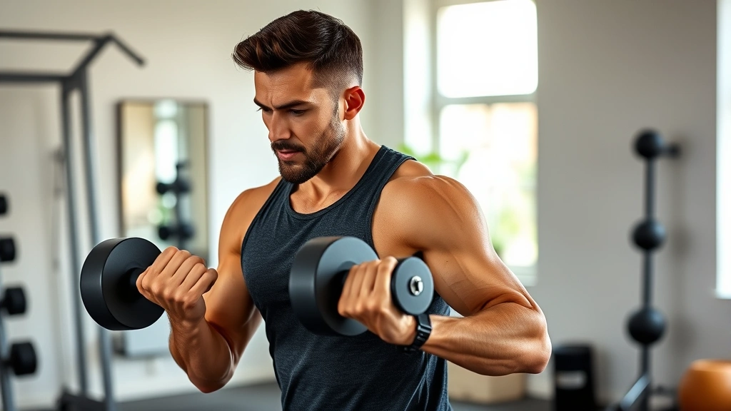 Person doing strength training with dumbbells in a home gym setting, focused expression showing proper form, modern minimalist workout space with natural lighting, athletic wear