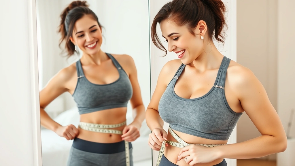 Woman measuring waist with measuring tape while smiling at mirror, wearing comfortable workout clothes, bright bathroom or bedroom with natural light, confident and positive expression