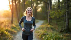Woman peacefully ambling on scenic wooded trail at golden hour, relaxed posture, natural outdoor setting with trees and dappled sunlight, health-conscious appearance, genuine smile, wearing comfortable athletic clothing