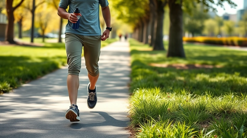 Person ambling through urban park pathway with water bottle, confident stride, natural landscape with grass and trees visible, daylight, health-focused wellness scene, diverse representation