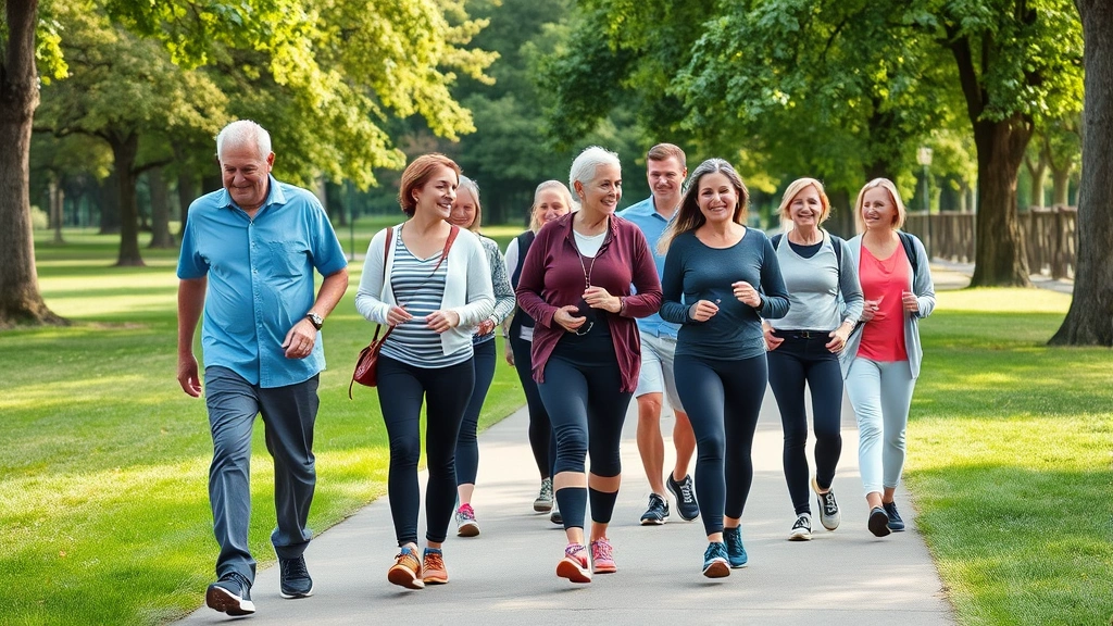 Group of people of various ages ambling together on paved path through green park, social walking moment, natural lighting, inclusive fitness community scene, smiling and engaged, casual athletic wear