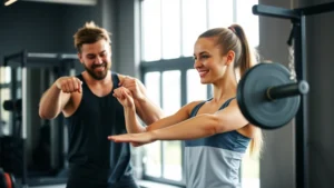 Woman in gym working with personal trainer on strength training exercises, both smiling and focused, bright natural light from windows, modern fitness studio setting