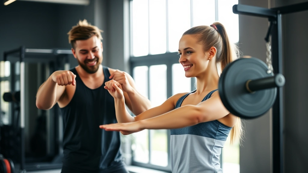 Woman in gym working with personal trainer on strength training exercises, both smiling and focused, bright natural light from windows, modern fitness studio setting