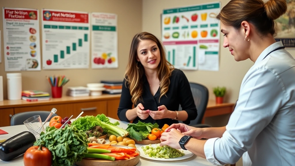 Registered dietitian consulting with client over healthy meal prep, colorful vegetables and proteins visible, warm office environment with nutrition charts on walls in background