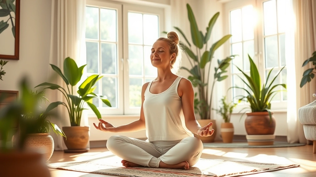 Woman meditating peacefully in comfortable home setting, sunlight streaming through windows, plant-filled room, representing mental health and emotional wellness journey
