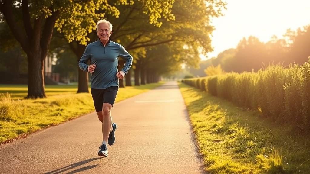 A middle-aged man in casual athletic wear jogging outdoors on a tree-lined path on a sunny morning, showing confidence and vitality, photorealistic, wellness-focused