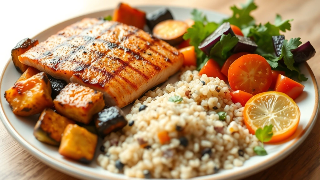 A balanced meal plate with grilled salmon, colorful roasted vegetables, quinoa, and fresh green salad in natural lighting, no labels or text visible, appetizing presentation