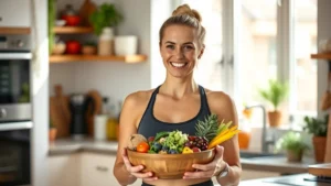 Woman in athletic wear smiling while holding a colorful bowl of fresh vegetables and grains, bright natural kitchen lighting, warm and inviting atmosphere