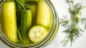 Close-up overhead view of fresh dill pickle spears arranged in a glass jar with brine, vinegar, and fresh dill sprigs visible, bright natural lighting highlighting the crisp green cucumbers