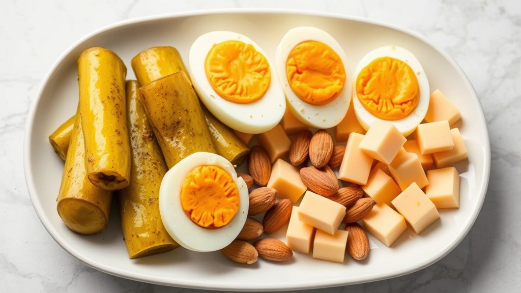 Healthy meal prep scene showing pickles paired with hard-boiled eggs, aged cheddar cheese cubes, and almonds on a white ceramic plate, demonstrating balanced protein-rich snacking