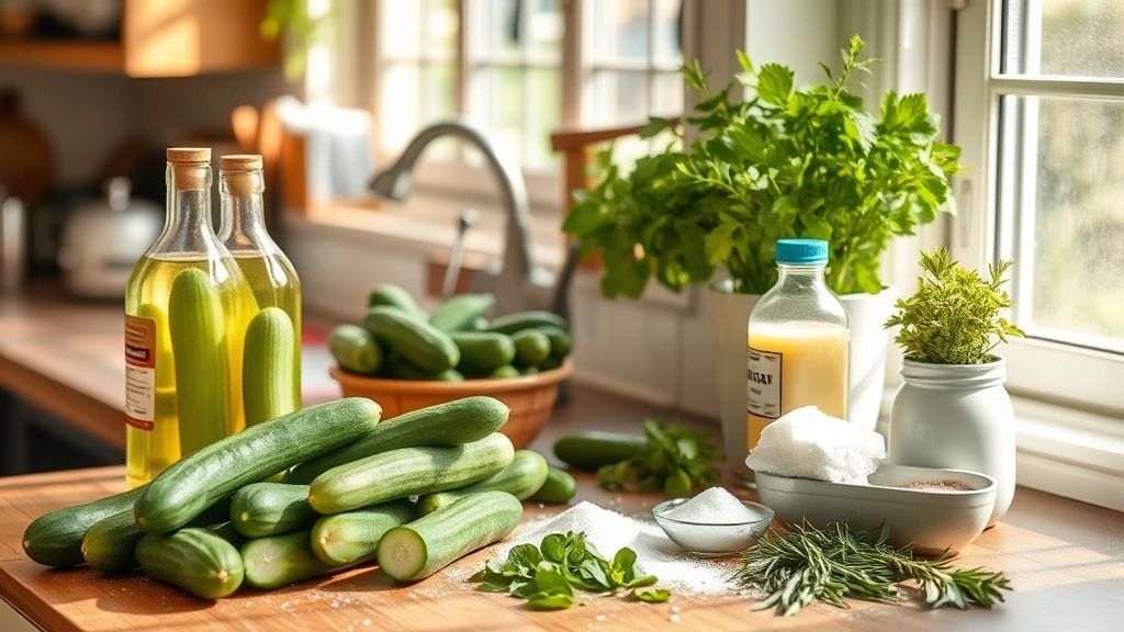 Nutritionist's workstation with fresh cucumbers, vinegar bottles, salt, and fresh herbs arranged for homemade pickle preparation, natural sunlight through window creating warm ambiance