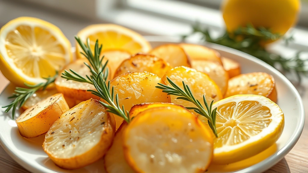 Close-up photorealistic shot of cooling cooked potato slices arranged on a white plate with fresh lemon wedges and rosemary sprigs, bright natural window light, emphasizing texture and freshness, appetizing presentation