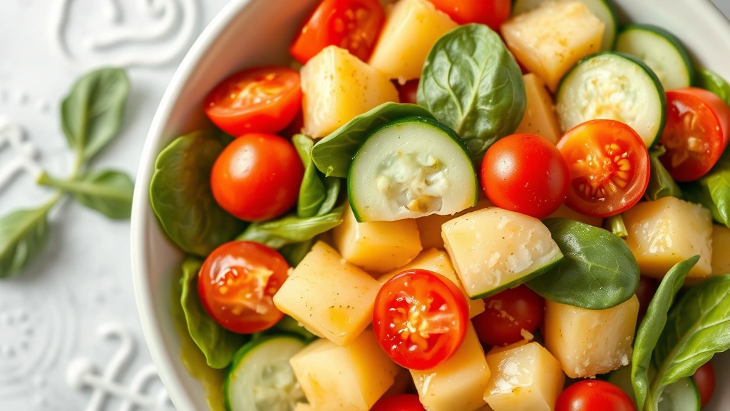 Overhead photorealistic view of a colorful salad bowl containing chilled potato chunks mixed with cherry tomatoes, fresh spinach, cucumber slices, and a light vinaigrette, vibrant produce colors, healthy meal presentation