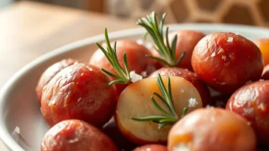 Close-up of freshly boiled red potatoes with steam rising, skin intact, garnished with fresh rosemary sprigs and sea salt crystals on a white plate, warm natural lighting, professional food photography style
