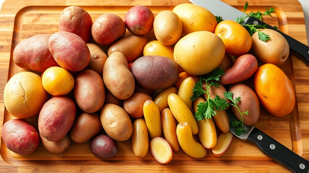 Colorful variety of whole potatoes including red, yellow, purple, and fingerling potatoes arranged on a wooden cutting board with a sharp knife and fresh herbs, bright kitchen lighting, vibrant and appetizing composition