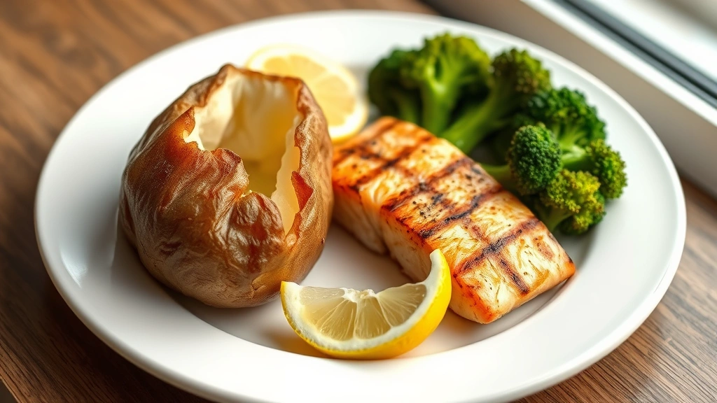 Healthy potato meal plate featuring a medium baked potato with skin, grilled salmon fillet, steamed broccoli florets, and lemon wedge, artfully plated on white ceramic dishware, soft natural window lighting, nutritionist-approved presentation