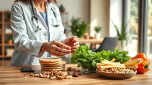 Photorealistic image of a nutritionist reviewing healthy snack options including rice cakes, nuts, and fresh vegetables on a wooden table in a bright, modern office setting