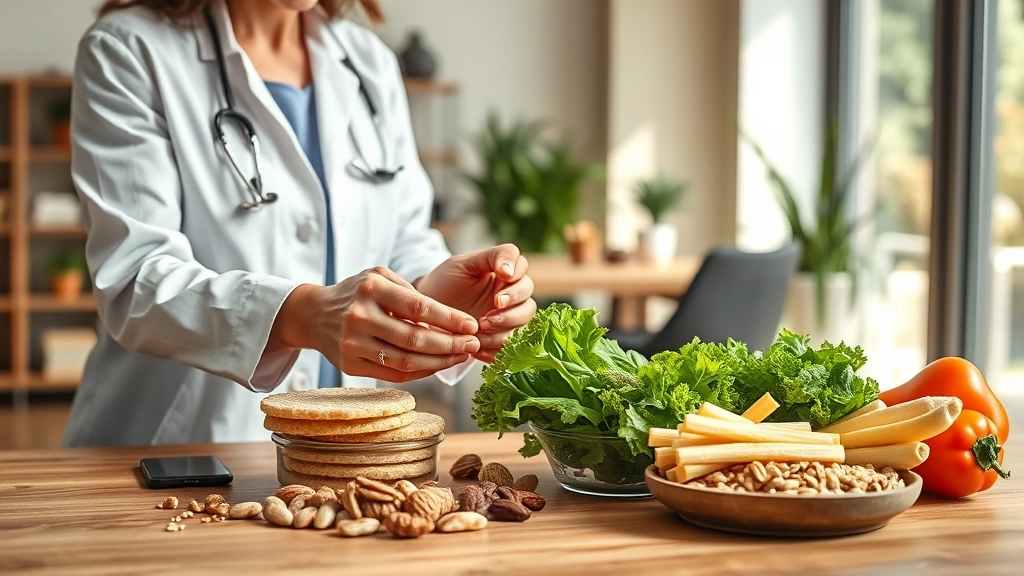 Photorealistic image of a nutritionist reviewing healthy snack options including rice cakes, nuts, and fresh vegetables on a wooden table in a bright, modern office setting