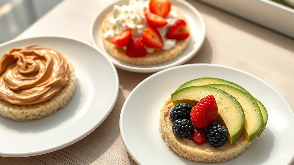 Close-up photo of perfectly arranged healthy rice cake toppings: almond butter, cottage cheese, hummus, avocado, and fresh berries on white plates with natural lighting