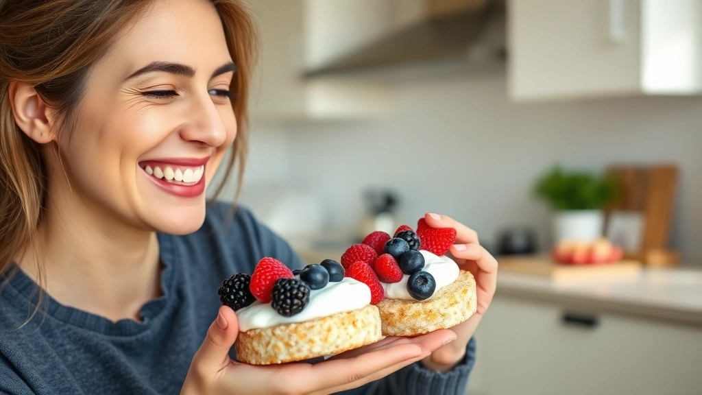 Photorealistic image of a woman enjoying a balanced, protein-rich snack with rice cakes topped with Greek yogurt and berries, smiling in a bright kitchen environment