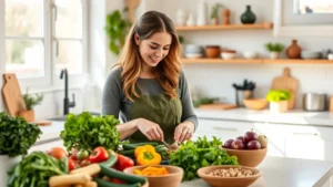 Young woman preparing fresh colorful vegetables and plant-based ingredients in a bright, modern kitchen. Leafy greens, legumes, and whole foods visible on countertop. Natural daylight streaming through windows. Warm, inviting atmosphere.