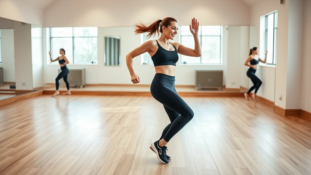 Fit woman performing dynamic cardio dance workout in spacious studio with mirrors. Mid-movement, energetic expression. Modern athletic wear. Wooden or neutral flooring. Represents joy in exercise rather than punishment.