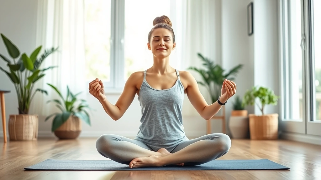 Woman meditating peacefully in serene home environment. Sitting cross-legged on yoga mat. Soft natural lighting. Plants and calming decor visible. Represents mental health and emotional wellness component of weight management.