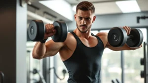 Athletic man in modern gym performing dumbbell exercises with focused intensity, natural lighting, professional fitness environment, confident expression